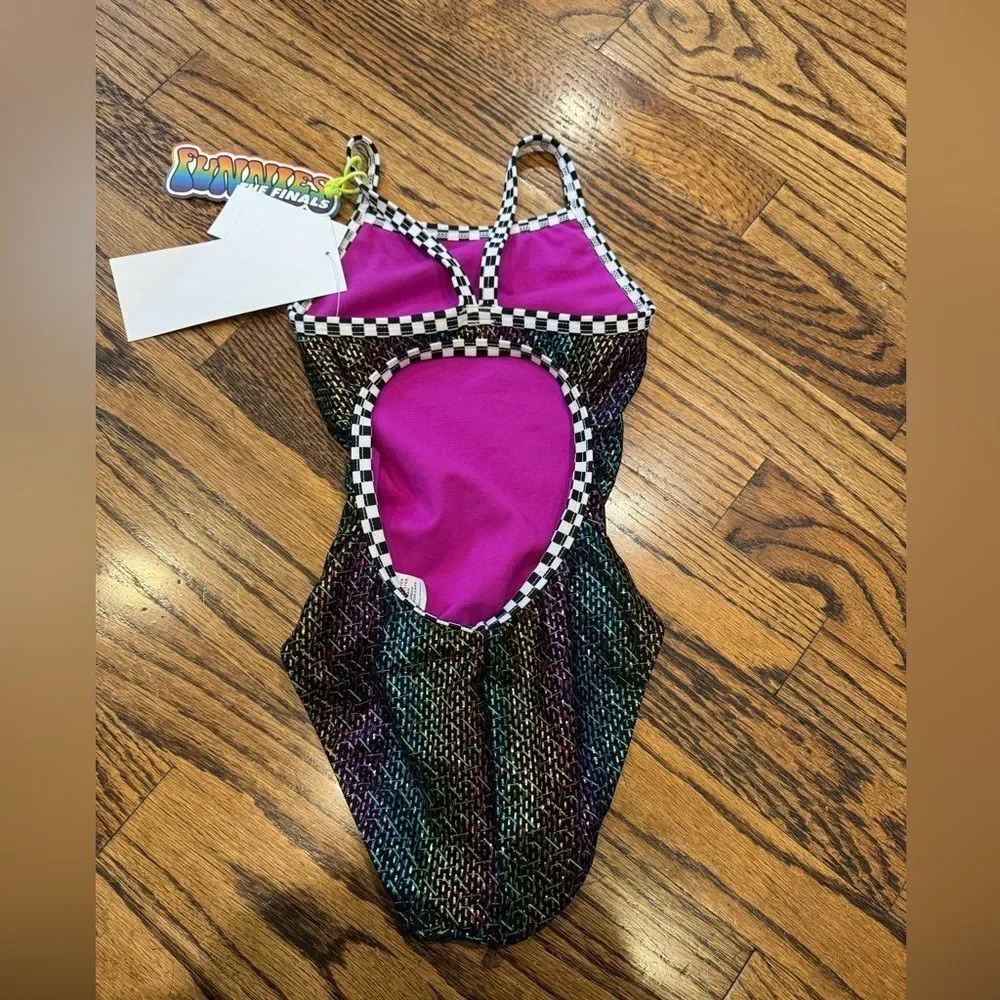NWT New THE FINALS Racing Swimsuit Glitz Glam Foil Rainbow Flutterback 22 Girl 5